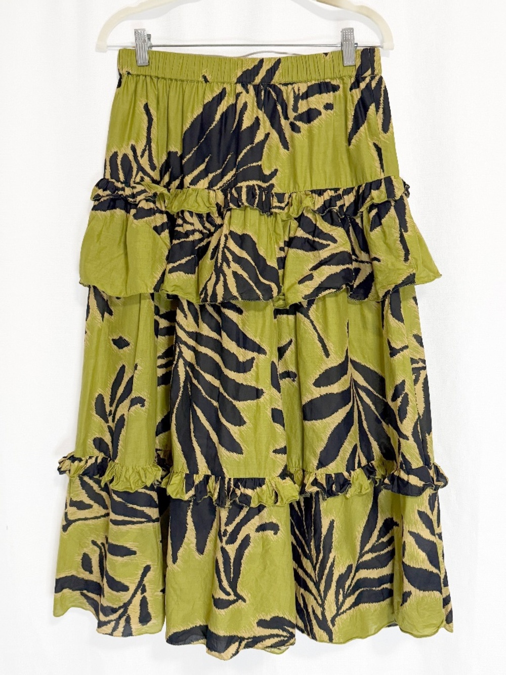 Tanya Taylor Green Tropical Palm Print Hazelle Cotton Midi Skirt Size Medium